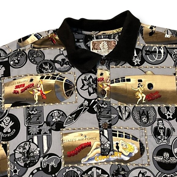 Vintage KALAHEO Popover Hawaiian Shirt Pin Up Girls USAF Planes Bombers Mens XL - Picture 3 of 11